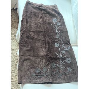 Vintage 90s Dialogue Brown Suede Floral Applique Skirt Size 12